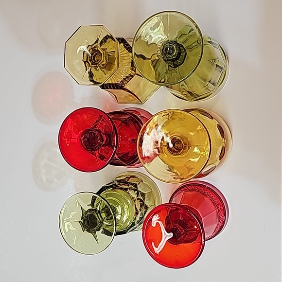 S/6 Vintage Retro Merry Mixture Jewel Tone Red Green Gold Glass Water Goblets - Picture 12 of 16